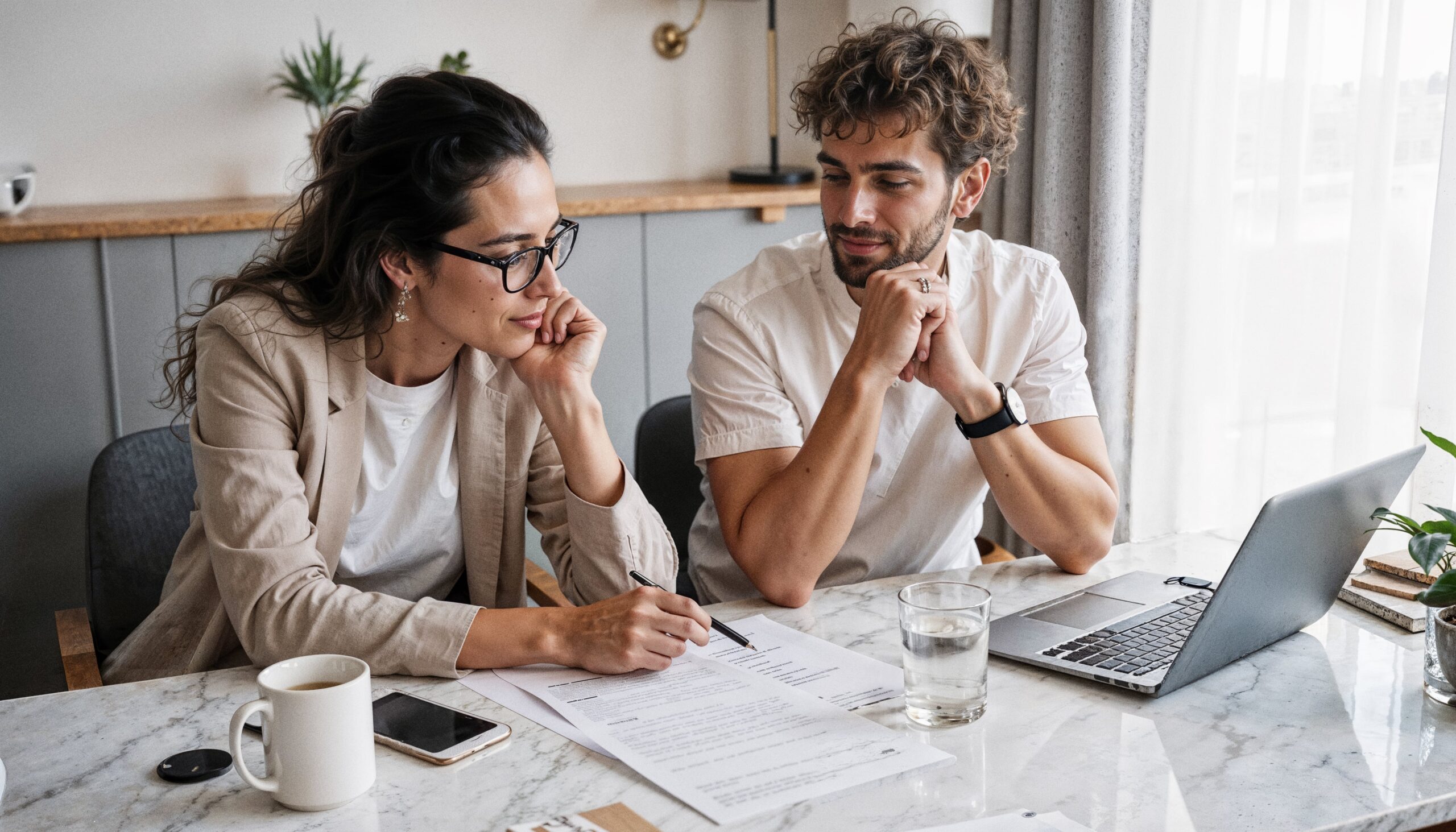 Couple organizing bills and documents at home