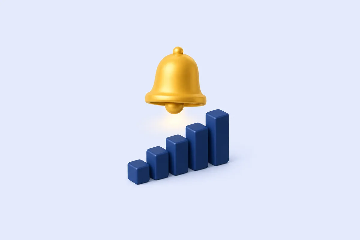 Illustration: alert bell over a rising chart